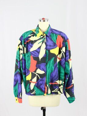 Vintage 80's YARELL Multi Color Floral Print Oversized Bomber Jacket, Size 40/L